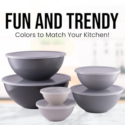 Zulay Kitchen 12 Piece Plastic Mixing Bowls with Lids Set - Colorful Mixing Bowl Set for Kitchen - Nesting Bowls with Lids Set - Microwave and Freezer Safe (Gray Ombre)