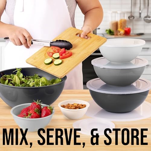 Zulay Kitchen 12 Piece Plastic Mixing Bowls with Lids Set - Colorful Mixing Bowl Set for Kitchen - Nesting Bowls with Lids Set - Microwave and Freezer Safe (Gray Ombre)