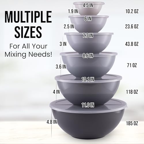 Zulay Kitchen 12 Piece Plastic Mixing Bowls with Lids Set - Colorful Mixing Bowl Set for Kitchen - Nesting Bowls with Lids Set - Microwave and Freezer Safe (Gray Ombre)