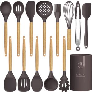 silicone cooking utensils set - 446°f heat resistant silicone kitchen utensils for cooking,kitchen utensil spatula set w wooden handles and holder for non-stick cookware, bpa free (coffee)