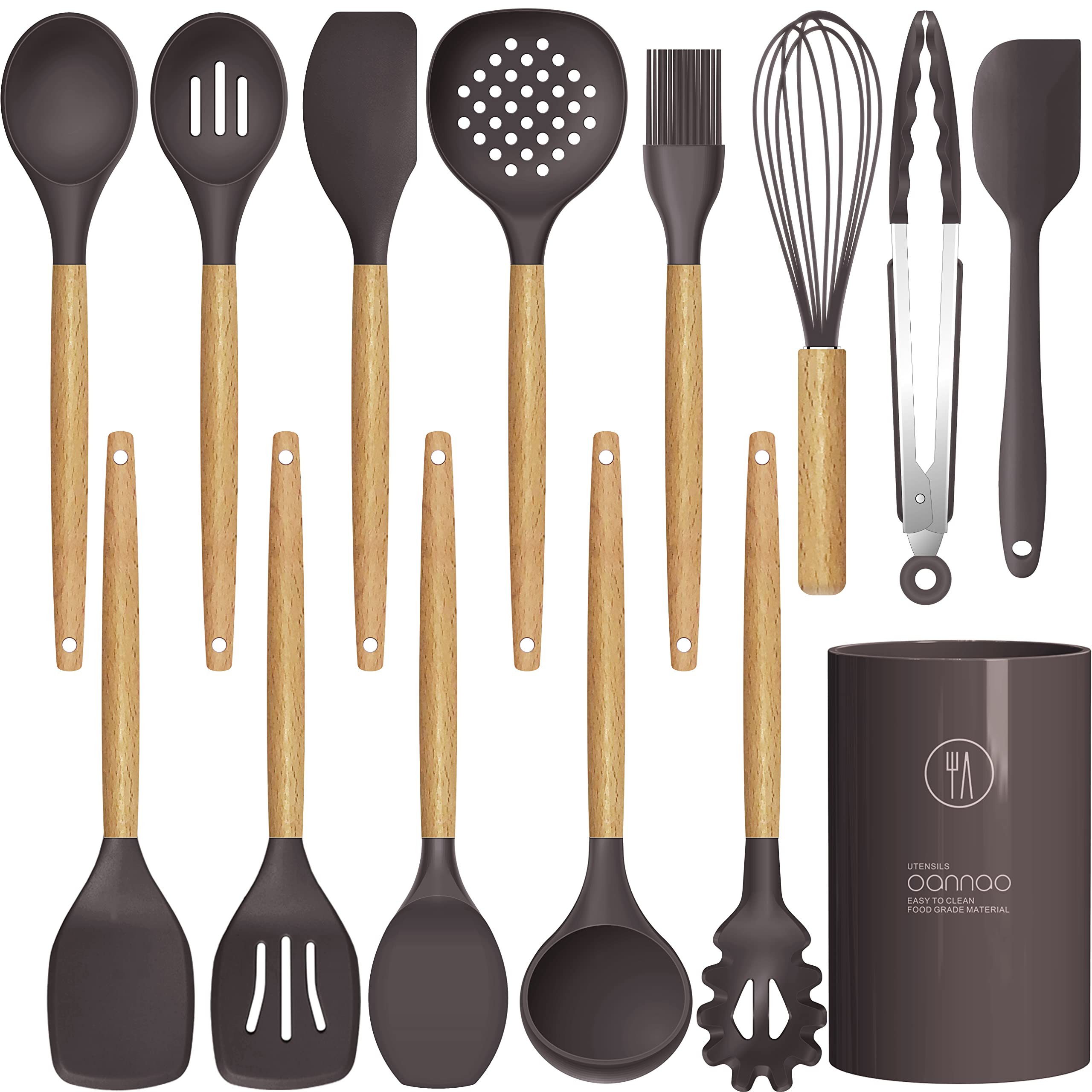 Silicone Cooking Utensils Set - 446°F Heat Resistant Silicone Kitchen Utensils for Cooking,Kitchen Utensil Spatula Set w Wooden Handles and Holder for Non-Stick Cookware, BPA FREE (Coffee)