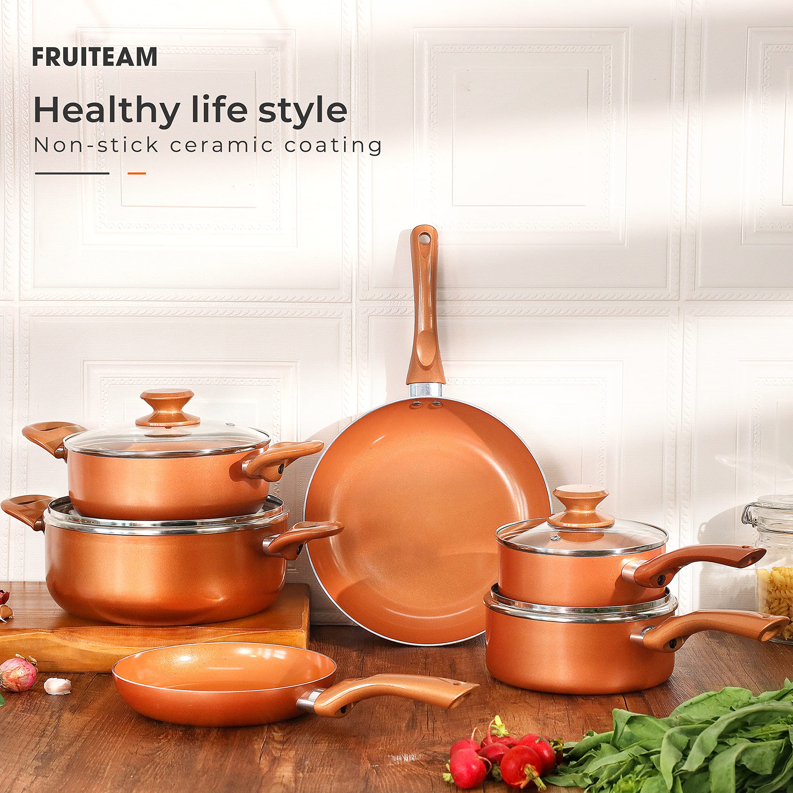 FRUITEAM 10pcs Cookware Set Ceramic Nonstick Soup Pot/Milk Pot/Frying Pans Set | Copper Aluminum Pan with Lid, Induction Gas Compatible, 1 Year Warranty Mothers Day Gifts for Wife…