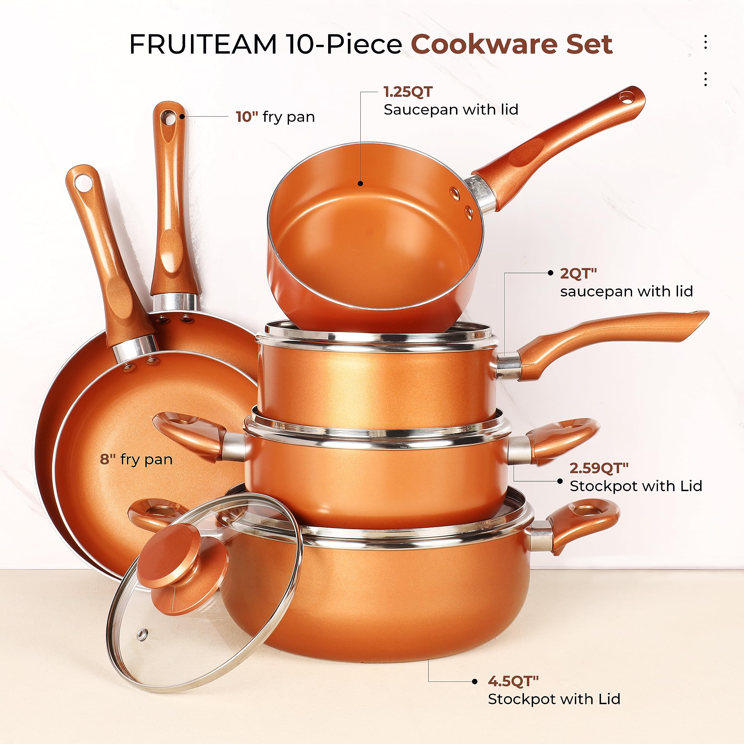 FRUITEAM 10pcs Cookware Set Ceramic Nonstick Soup Pot/Milk Pot/Frying Pans Set | Copper Aluminum Pan with Lid, Induction Gas Compatible, 1 Year Warranty Mothers Day Gifts for Wife…