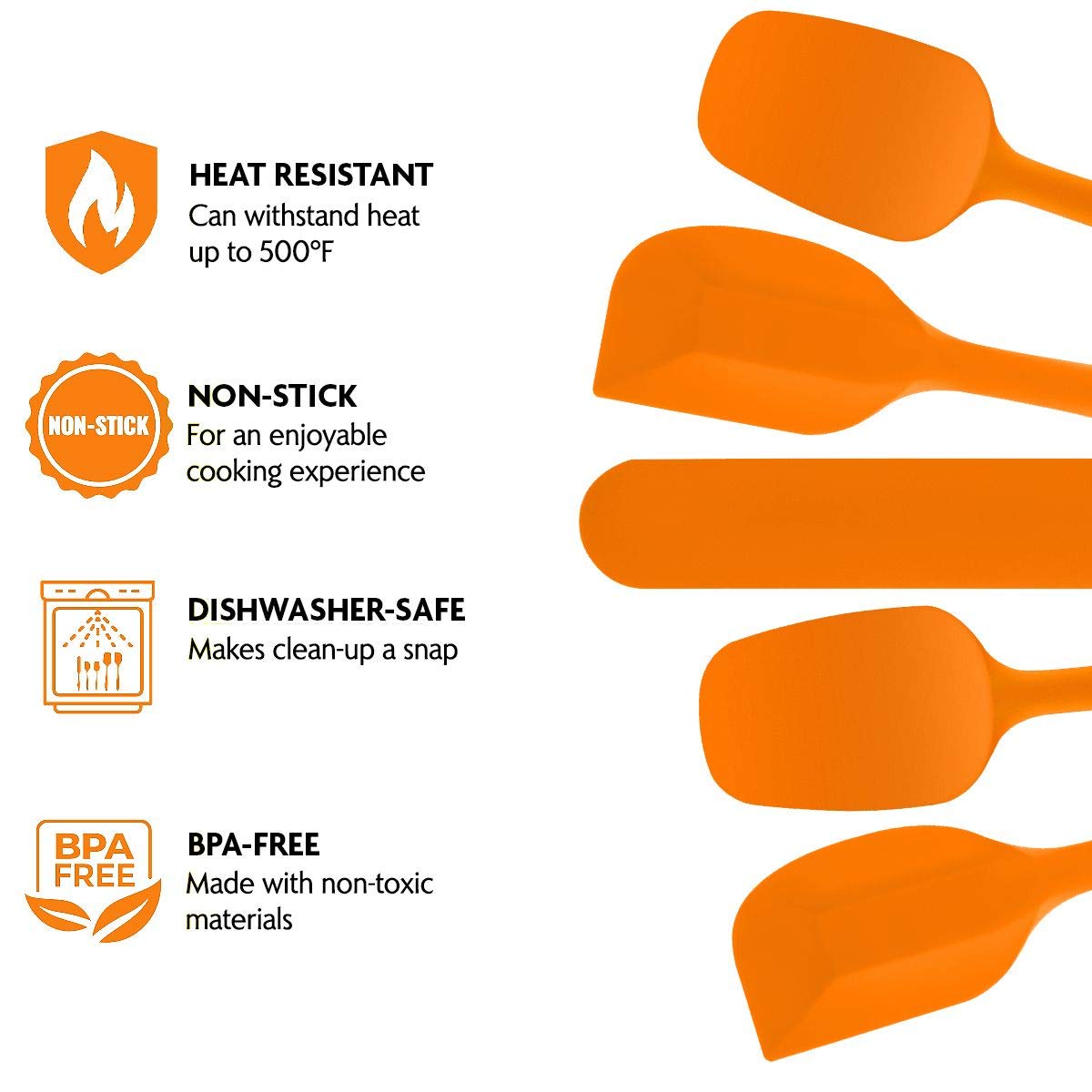 OVENTE Set of 5 Silicone Spatula , Food Grade Rubber Spatulas Heat Resistant w/ Stainless Steel Core & Seamless Design, Non Stick Rubber Spatula for Mixing, Baking & Cooking Orange SP12305O