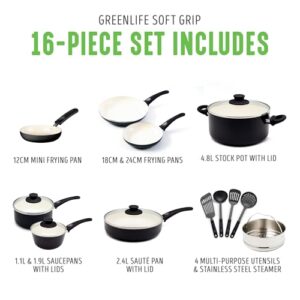 GreenLife Soft Grip Healthy Ceramic Nonstick 16 Piece Kitchen Cookware Pots and Frying Sauce Saute Pans Set, PFAS-Free with Kitchen Utensils and Lid, Dishwasher Safe, Black and Cream