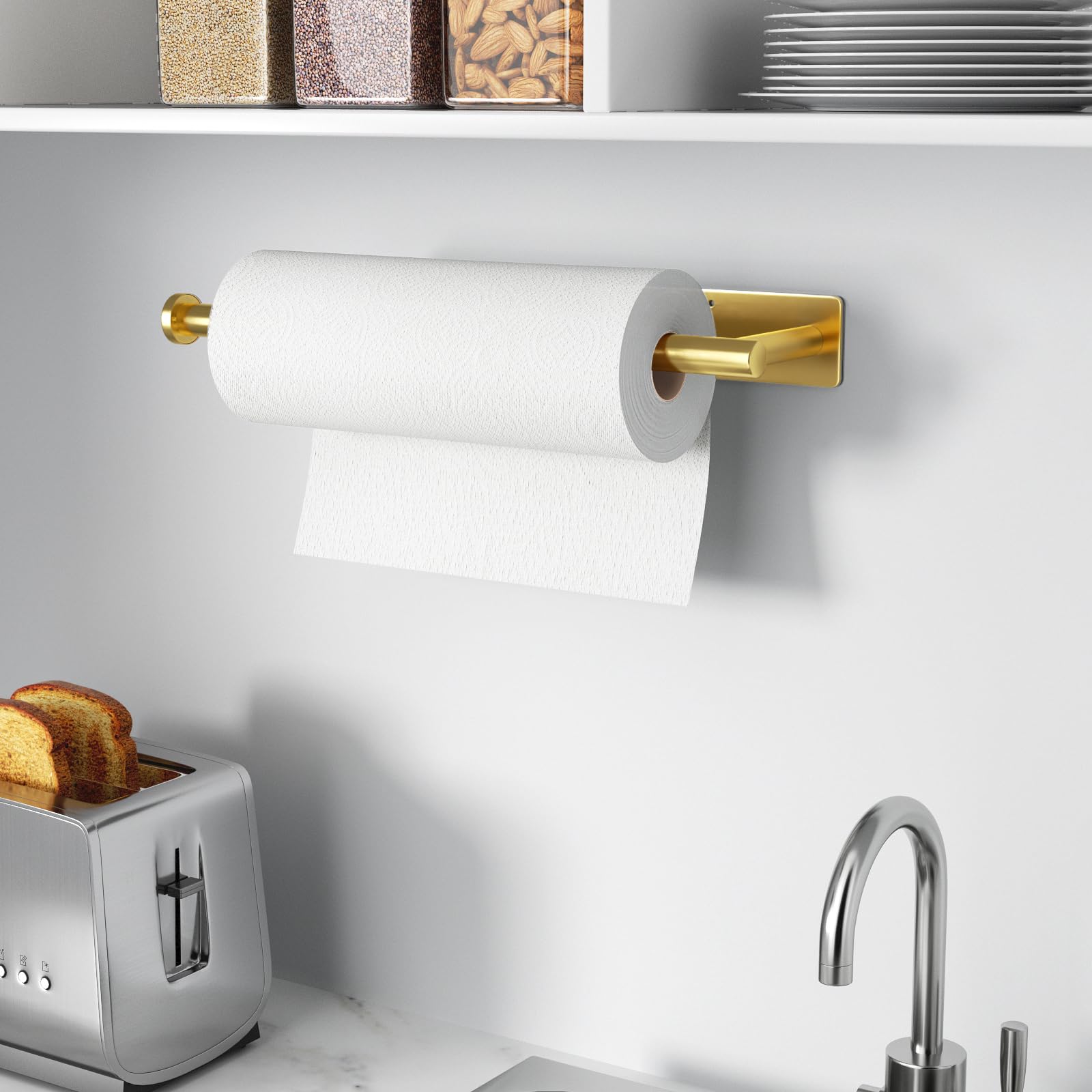 Paper Towel Holder - Self-Adhesive or Drilling, Gold Wall Mounted Paper Towel Rack for Kitchen, SUS304 Stainless Steel Kitchen Roll Holder Under Cabinet