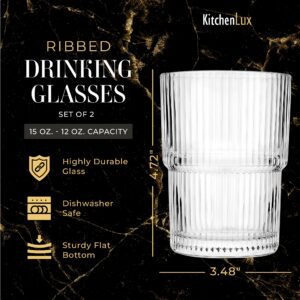 Kitchen Lux Ribbed Drinking Glasses - Ribbed Glass Cups 15 oz - Ribbed Glassware Set of 2 - Textured Vintage Retro Ripple Aesthetic Glass Ware for Whiskey Cocktail Beer Water, Coffee Bar Accessories