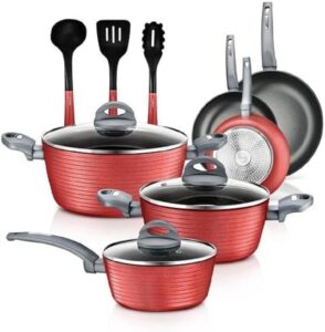 nutrichefkitchen 12-piece nonstick kitchen cookware set-ptfe/pfoa/pfos-free heat resistant lacquer kitchen ware pots pan set dark gray/red- saucepot, pans, cooking pot oven pot,lid,utensil - nccw12red