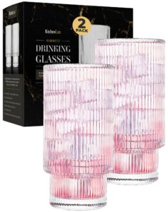 kitchen lux ribbed drinking glasses - ribbed glass cups 12 oz - ribbed glassware set of 2 - textured vintage retro ripple aesthetic glass ware for whiskey cocktail beer water, coffee bar accessories