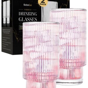 Kitchen Lux Ribbed Drinking Glasses - Ribbed Glass Cups 12 oz - Ribbed Glassware Set of 2 - Textured Vintage Retro Ripple Aesthetic Glass Ware for Whiskey Cocktail Beer Water, Coffee Bar Accessories