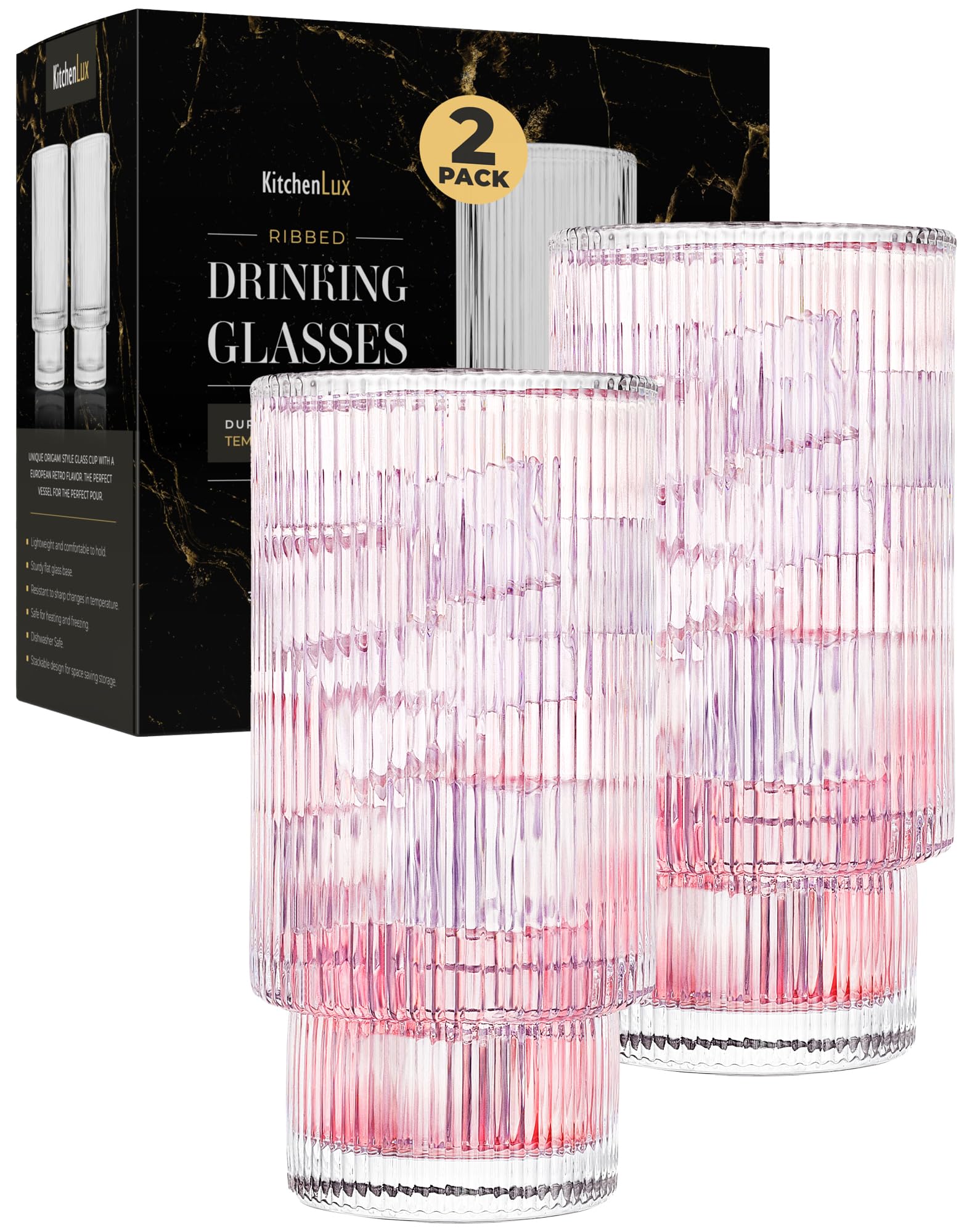 Kitchen Lux Ribbed Drinking Glasses - Ribbed Glass Cups 12 oz - Ribbed Glassware Set of 2 - Textured Vintage Retro Ripple Aesthetic Glass Ware for Whiskey Cocktail Beer Water, Coffee Bar Accessories