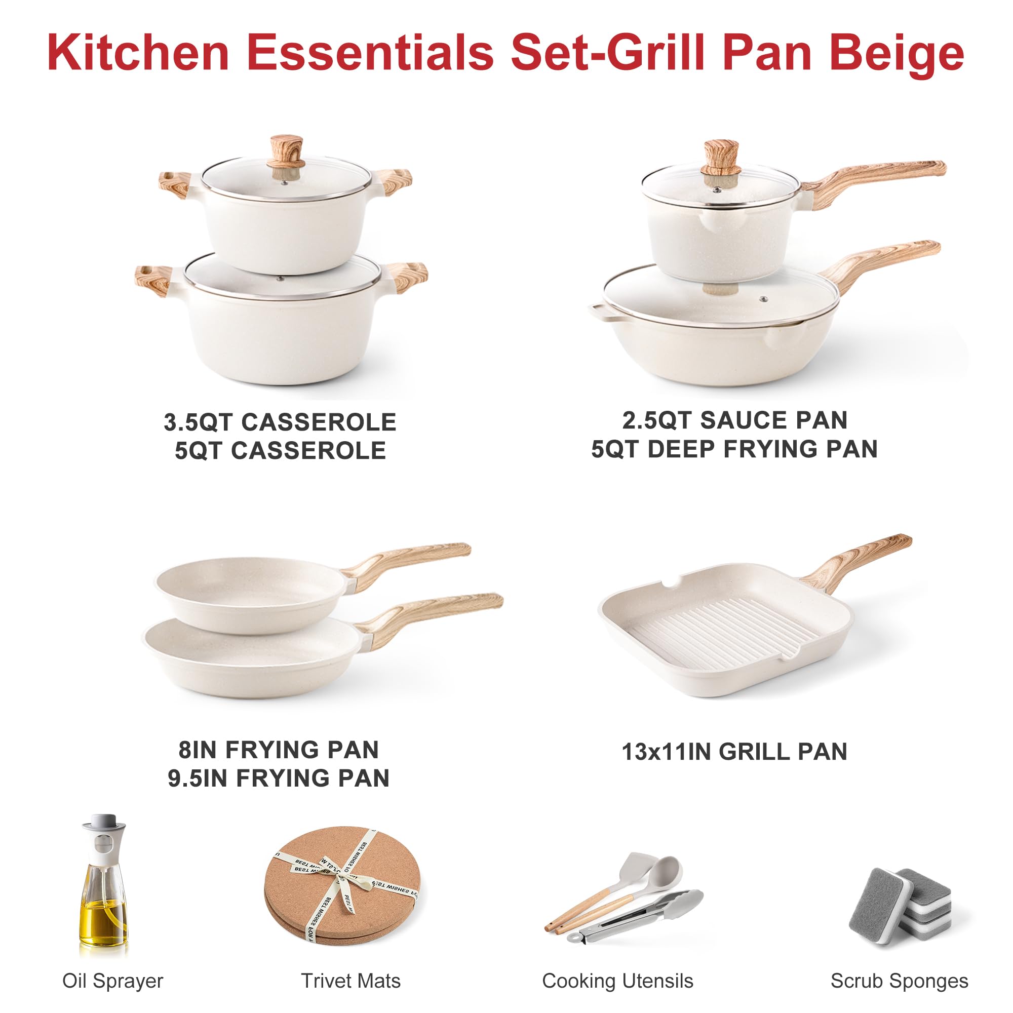 Pots and Pans Set - Caannasweis Nonstick Granite Stone Cookware Sets, Induction casseroles & Saucepan & Frying Pans for Cooking, PFOS PFOA Free, Grill Pan Gray