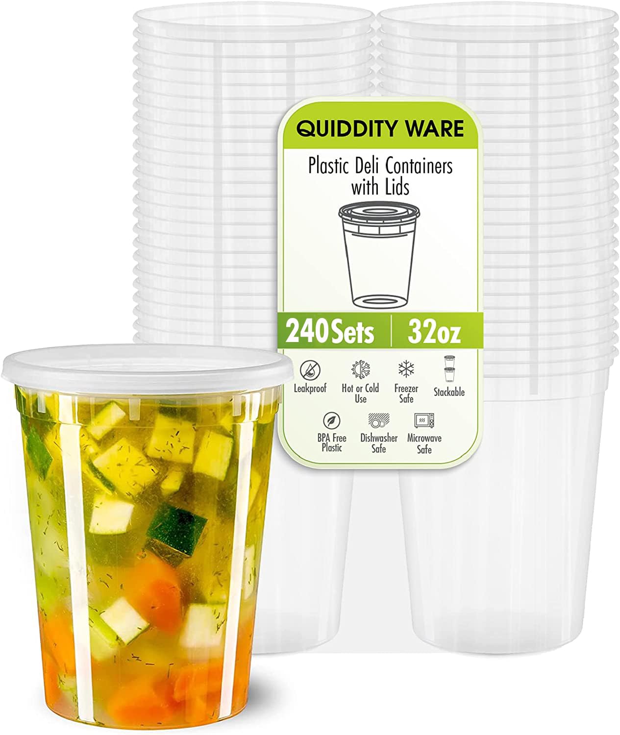 QUIDDITY WARE Deli Containers with Lids Leakproof - 240 Pack BPA-Free Plastic Microwaveable Clear Food Storage Container Premium Heavy-Duty Quality, Freezer & Dishwasher Safe (32oz 240 Sets)