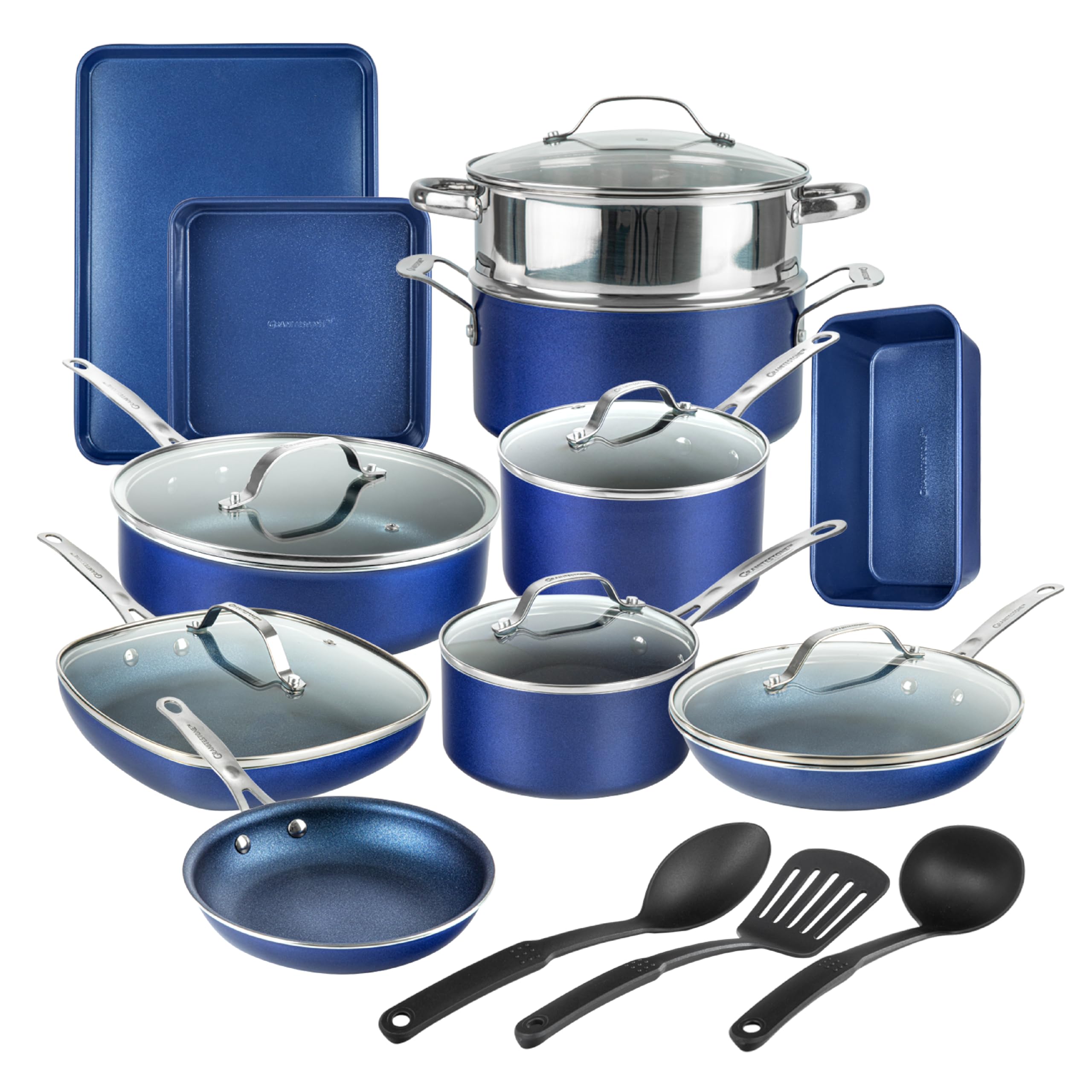 GRANITESTONE Blue 20 Pc Kitchen Pots and Pans Set Non Stick Cookware Set, Kitchen Cookware Sets, Granite Nonstick Cookware Set, Diamond Coated Non Toxic Cookware Set, Oven & Dishwasher Safe