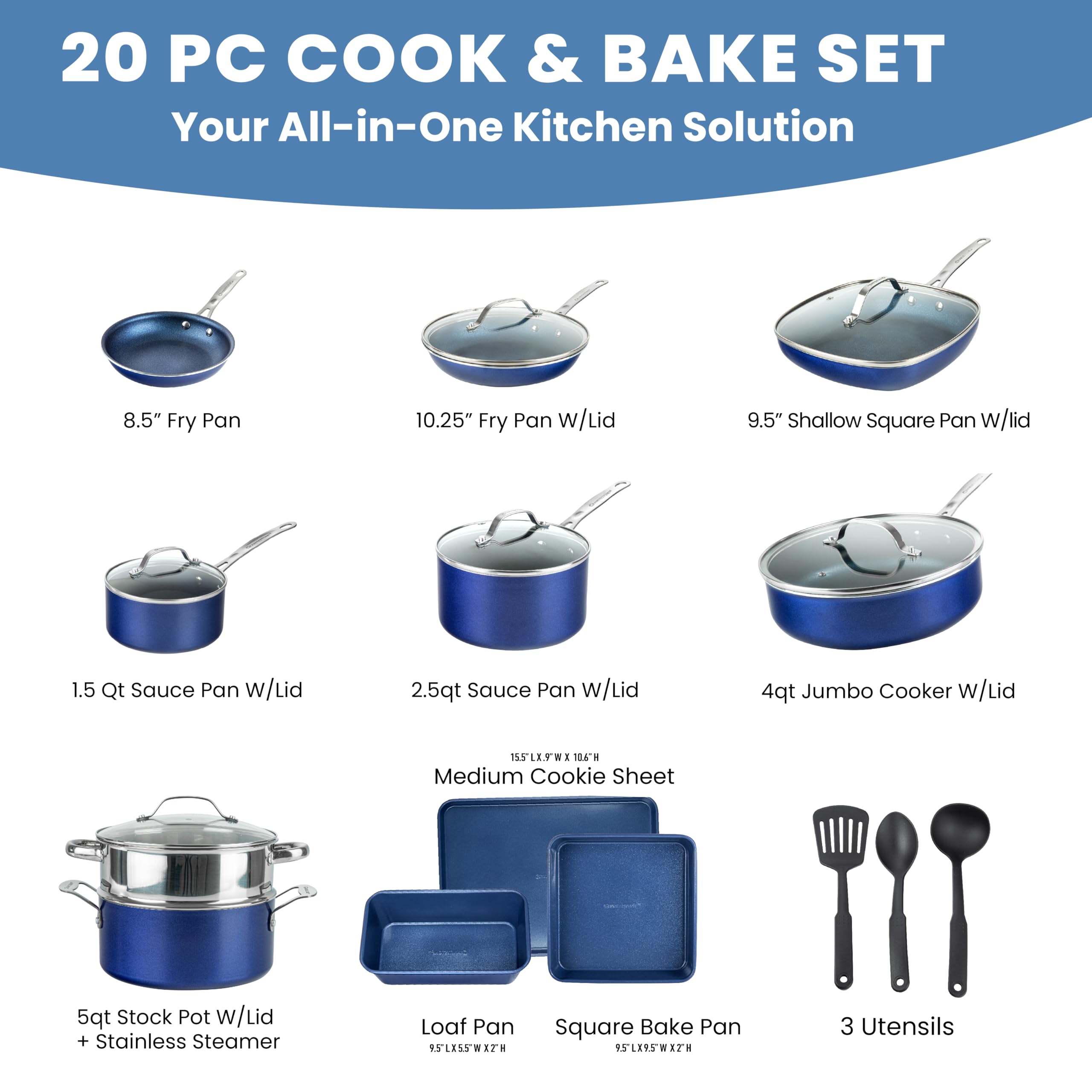 GRANITESTONE Blue 20 Pc Kitchen Pots and Pans Set Non Stick Cookware Set, Kitchen Cookware Sets, Granite Nonstick Cookware Set, Diamond Coated Non Toxic Cookware Set, Oven & Dishwasher Safe