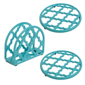 cast iron kitchen pantry ware bundle (3-piece set) turquoise | includes napkin holder, 2 trivets for hot pots and pans | lattice collection | by home basics