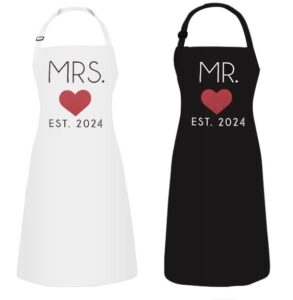 gsm brands mr. and mrs. 2024 couples kitchen aprons (2-piece set) cute, funny cooking bibs for wedding marriage newlyweds