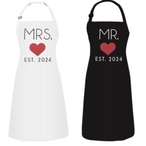 GSM Brands Mr. and Mrs. 2024 Couples Kitchen Aprons (2-Piece Set) Cute, Funny Cooking Bibs for Wedding Marriage Newlyweds