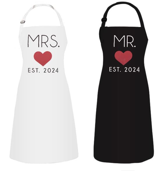 GSM Brands Mr. and Mrs. 2024 Couples Kitchen Aprons (2-Piece Set) Cute, Funny Cooking Bibs for Wedding Marriage Newlyweds