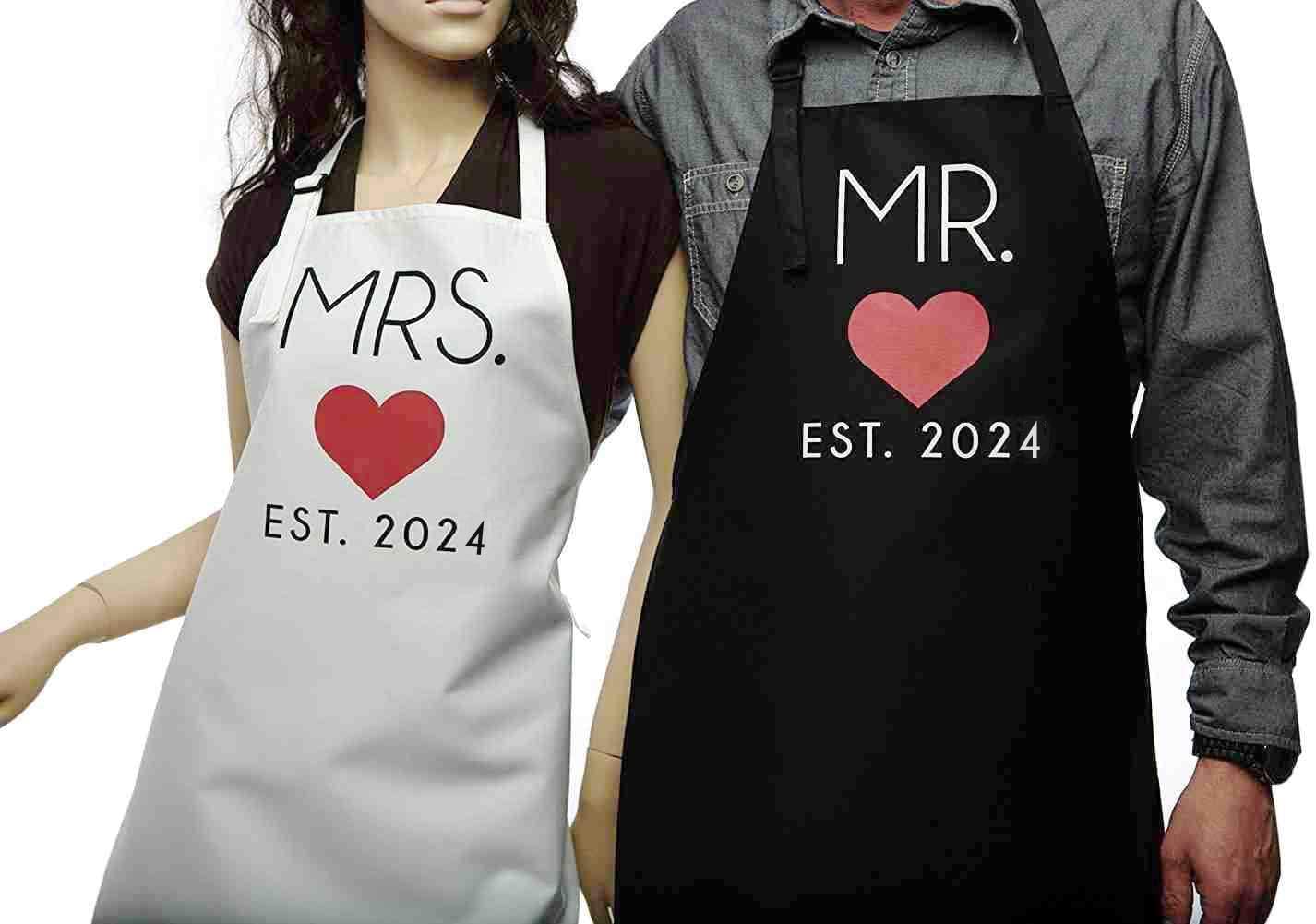 GSM Brands Mr. and Mrs. 2024 Couples Kitchen Aprons (2-Piece Set) Cute, Funny Cooking Bibs for Wedding Marriage Newlyweds