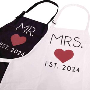 GSM Brands Mr. and Mrs. 2024 Couples Kitchen Aprons (2-Piece Set) Cute, Funny Cooking Bibs for Wedding Marriage Newlyweds