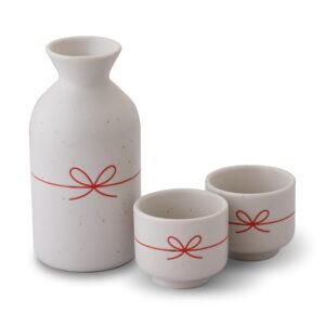 sake tokkuri and sake cups(2pcs) set, 7.1 floz -celebratory collection-japanese sake mino ware pottery with gift box, made in japan