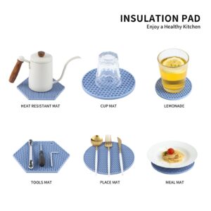 Silicone Trivet Mat, Kitchen Multipurpose countertop Protector Mat,Kettle,Pan,Cup,Bowls and Saucers,Heat Resistant Non-Slip Silicone Mat for Dining Table-Blue(Trivet Mat x 4+Coasters x 2)