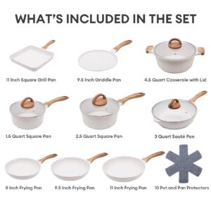 JEETEE 23pcs Pots and Pans Set Nonstick, White Granite Coating Cookware Sets for Kitchen, w/Frying Pan, Saucepan, Sauté Pan, Griddle Pan, Crepe Pan, Induction Cooking Pots, PFOA Free