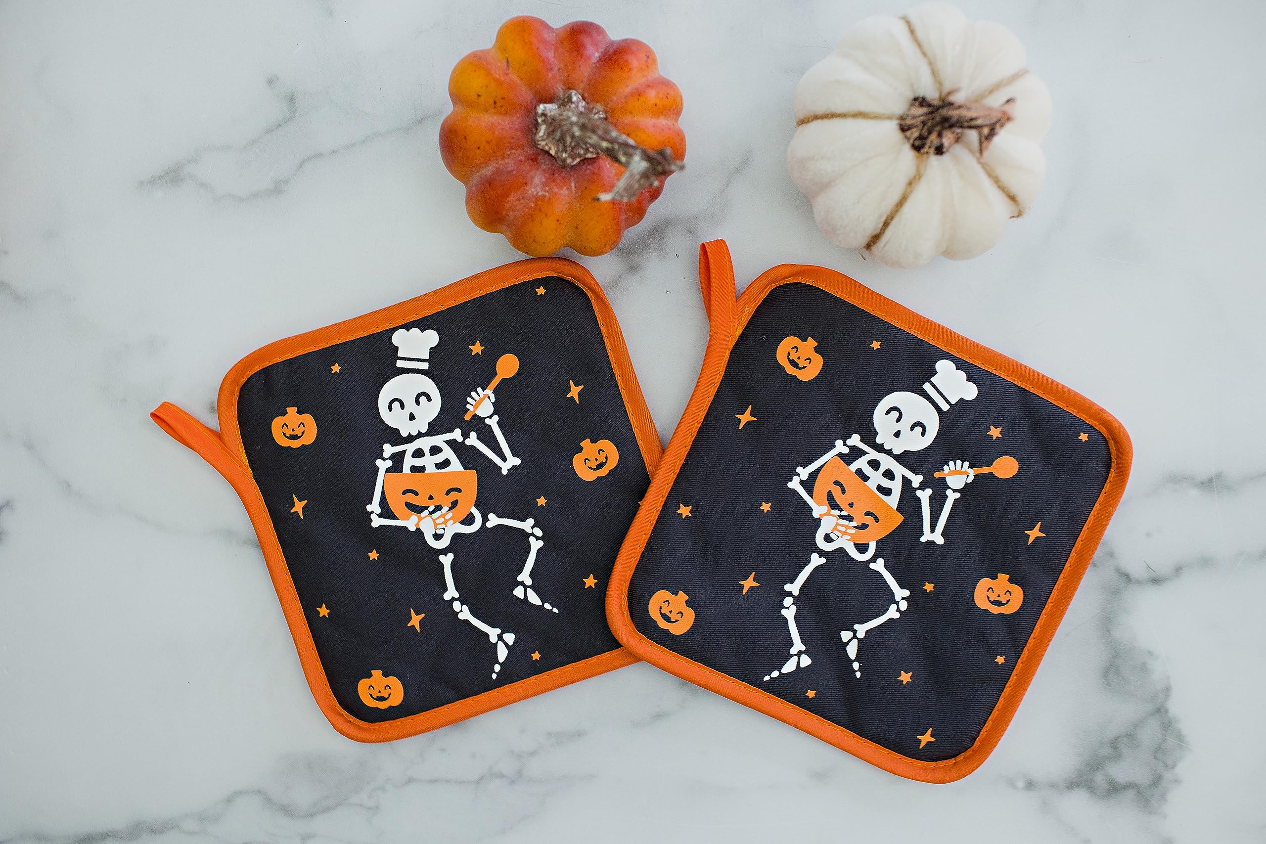 Pearhead Cloth Trivet Set, Bone Appetit Set of 2 Kitchen Trivets, Fall Décor for The Kitchen, Hot Plate Placemat, Fall Kitchen Decorations, Halloween Pot Holders