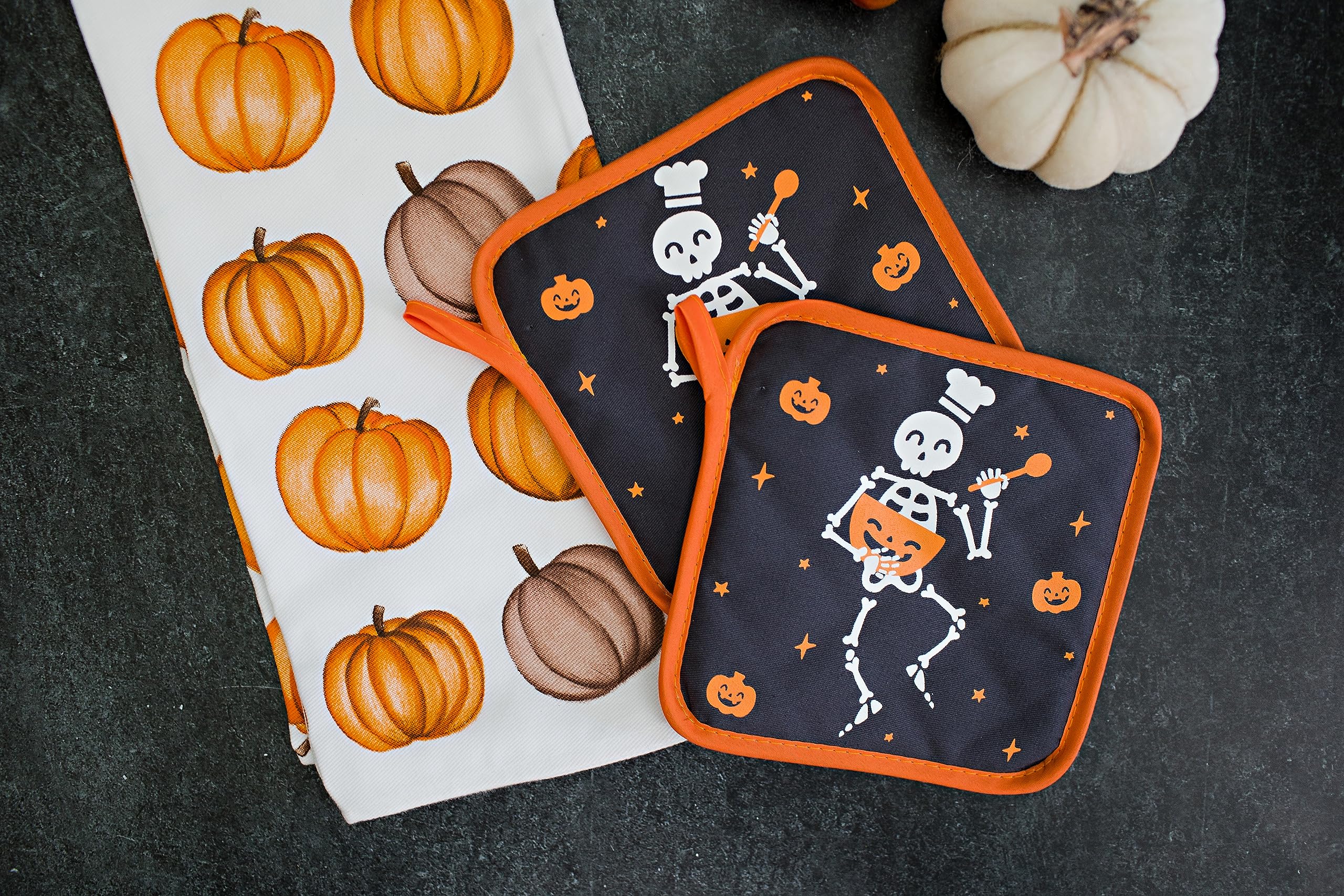 Pearhead Cloth Trivet Set, Bone Appetit Set of 2 Kitchen Trivets, Fall Décor for The Kitchen, Hot Plate Placemat, Fall Kitchen Decorations, Halloween Pot Holders