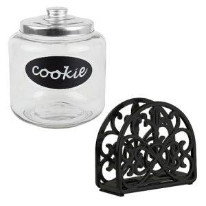 home basics cast iron kitchen pantry ware bundle (2 piece set) in matte black ; includes napkin holder & large glass cookie jar with metal top