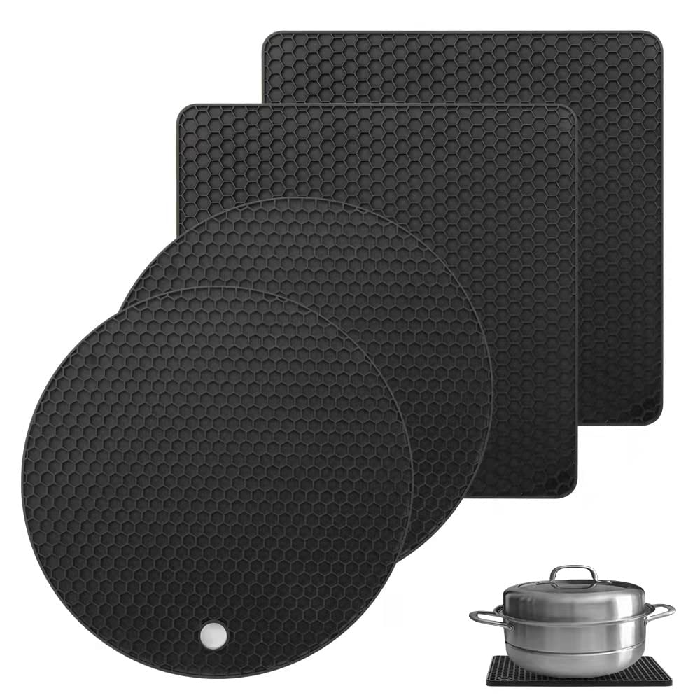 Gaiamat Silicone Trivet Mats, 4 Pack 2 Shape(2 Squared+2 Round) Heat Resistant Pot Holders Set, Silicone Table Mats Large Coasters for Kitchen Counter, Tables, Hot Dishes, Hot Pats, Pans(Black)