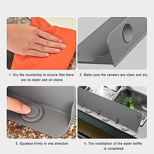 Xuezoioy Kitchen Sink Splash Guard,Gray Silicone Water Splash Guard for Kitchen 4x17 inches Sink Splash Guard with Suction Cup and Microfiber Cloth for Kitchen,Bathroom