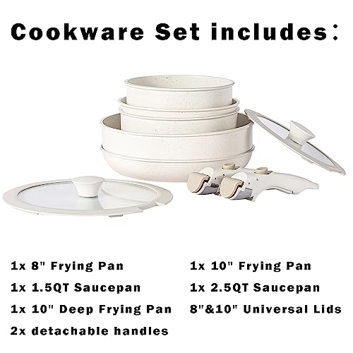 Vkoocy Non Stick Pot and Pan Set with Removable Handle, Ceramic Cookware Set Detachable Handle, Induction Kitchen Camping Stackable Pots Pans, Dishwasher/Oven Safe, Cream