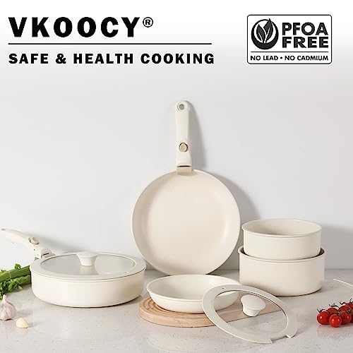 Vkoocy Non Stick Pot and Pan Set with Removable Handle, Ceramic Cookware Set Detachable Handle, Induction Kitchen Camping Stackable Pots Pans, Dishwasher/Oven Safe, Cream