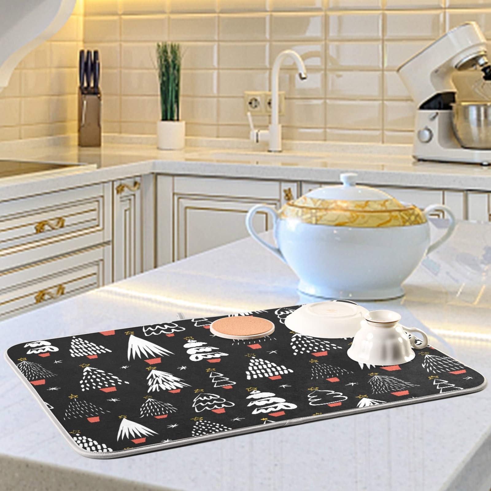 Nander Dish Drying Mat Cushion Pad Tableware Bar Absorbent Heat-resistant Mat For Kitchen Hotel Sink Drainer 18 by 24 Inches, Abstract Christmas Trees