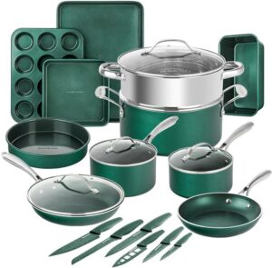 granitestone 21 pc kitchen pots and pans set non stick, kitchen cookware sets, pot and pan set, nonstick cookware set, diamond coated non stick pots and pan set, dishwasher safe - green