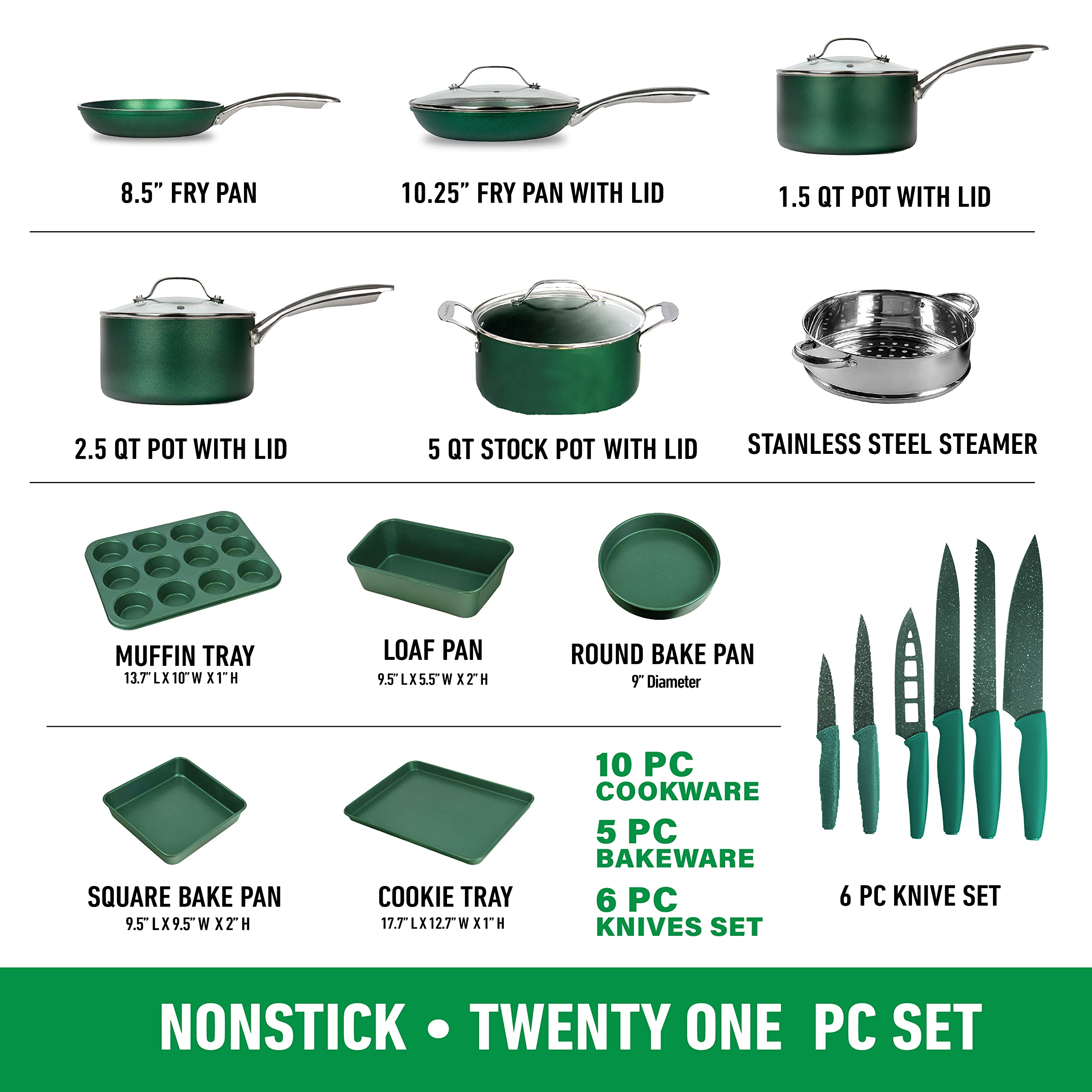 Granitestone 21 Pc Kitchen Pots and Pans Set Non Stick, Kitchen Cookware Sets, Pot and Pan Set, Nonstick Cookware Set, Diamond Coated Non Stick Pots and Pan Set, Dishwasher Safe - Green