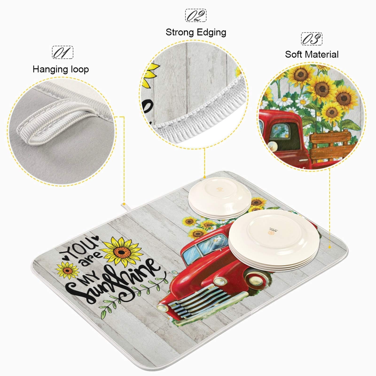 Kcldeci Sunflower Truck Spring Dish Drying Mats for Kitchen 16x18 inch Spring Summer Drying Pad Dish Mat Dish Drainer Mat For Kitchen Counter