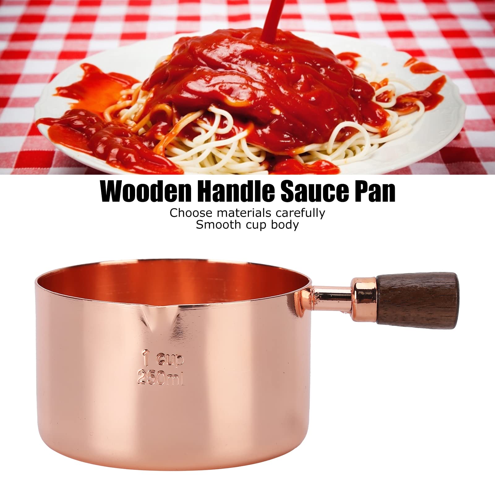 Wooden Handle Sauce Pan, Rose Gold Stainless Steel Sauce Pot Sauce Vinegar Saucer Measuring Cup for Cooking Kitchen Ware (1cup)