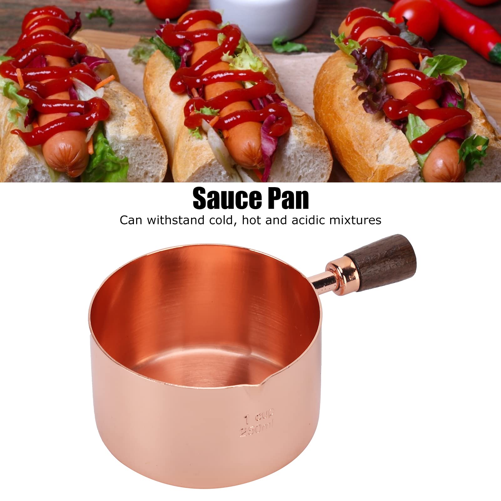 Wooden Handle Sauce Pan, Rose Gold Stainless Steel Sauce Pot Sauce Vinegar Saucer Measuring Cup for Cooking Kitchen Ware (1cup)