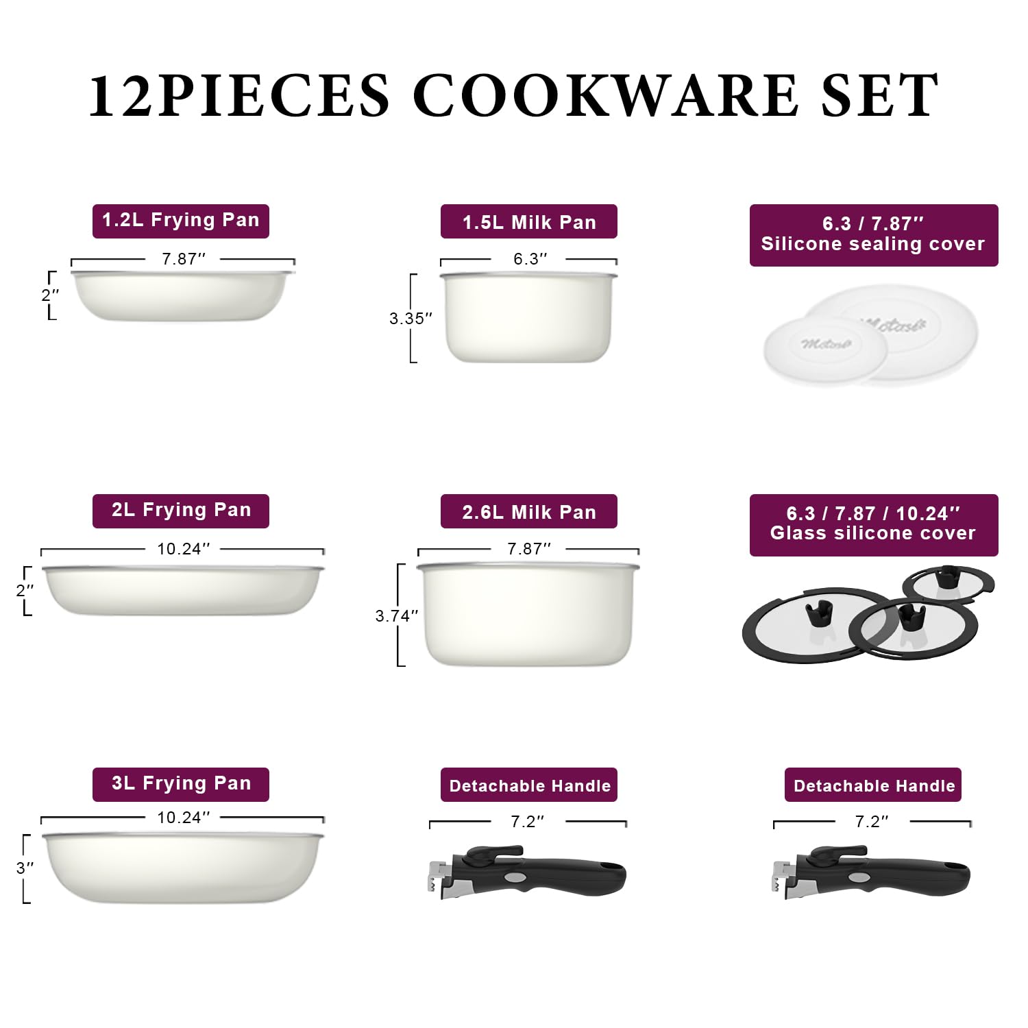 Motase 12pcs Pots and Pans Set, Nonstick Cookware Sets Detachable Handle, Induction Kitchen Cookware Set Non Stick with Removable Handle, RV Cookware Set, Oven Safe, White