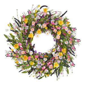 24Inch Artificial Daisy Flower Wreath -Spring Floral Wreath Fake Flower Wreath Spring/Summer Wreath for Front Door Home Decor