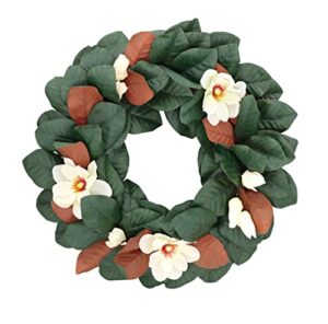 haute decor southern magnolia leaves and blooms on natural grapevine wreath - large 24 inch magnolia wreath for front door - front door wreath for spring, summer, fall