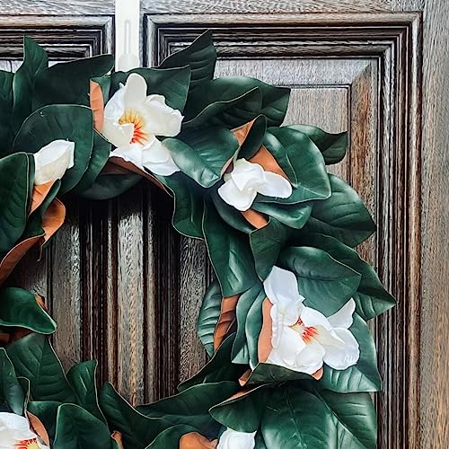 Haute Decor Southern Magnolia Leaves and Blooms on Natural Grapevine Wreath - Large 24 inch Magnolia Wreath for Front Door - Front Door Wreath for Spring, Summer, Fall