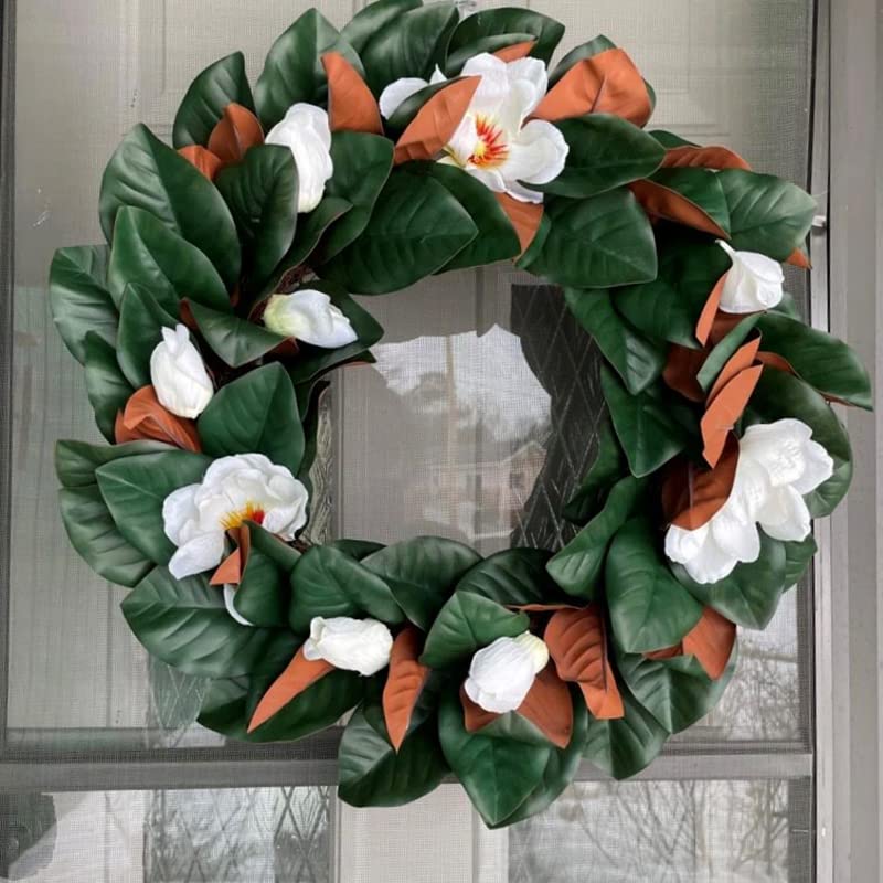 Haute Decor Southern Magnolia Leaves and Blooms on Natural Grapevine Wreath - Large 24 inch Magnolia Wreath for Front Door - Front Door Wreath for Spring, Summer, Fall