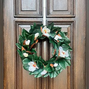 Haute Decor Southern Magnolia Leaves and Blooms on Natural Grapevine Wreath - Large 24 inch Magnolia Wreath for Front Door - Front Door Wreath for Spring, Summer, Fall