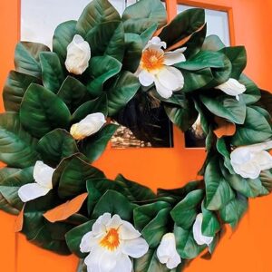 Haute Decor Southern Magnolia Leaves and Blooms on Natural Grapevine Wreath - Large 24 inch Magnolia Wreath for Front Door - Front Door Wreath for Spring, Summer, Fall