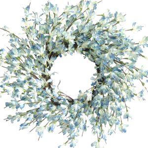 Blue Forsythia Door Wreath Summer Front Door Wreath 24Inch Blue Cream Cluster Wreath on Farmhouse Grapevine Wreath Blossom Cluster for Festival Celebration Front Door Wall Window Christmas Home Décor