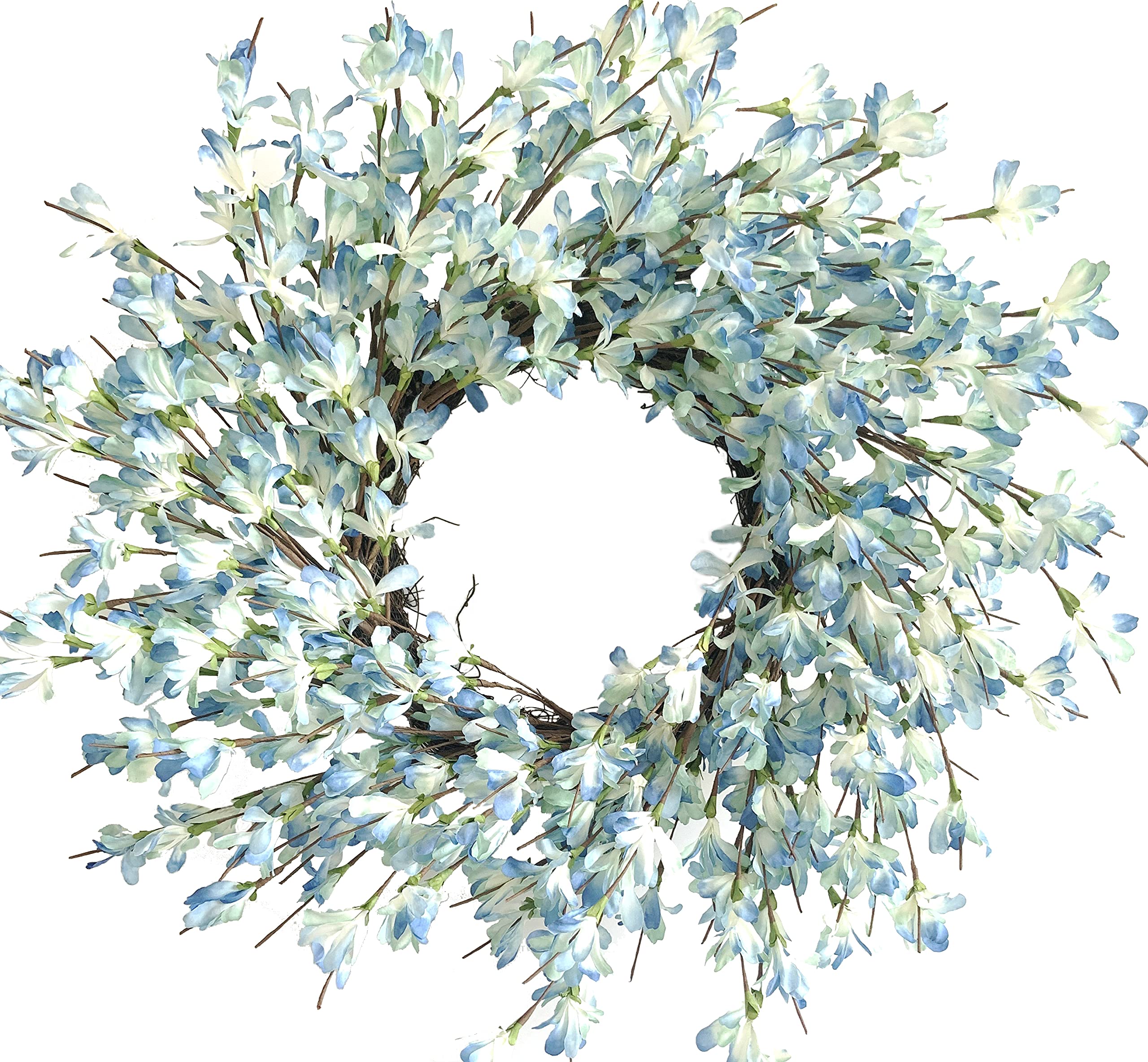 Blue Forsythia Door Wreath Summer Front Door Wreath 24Inch Blue Cream Cluster Wreath on Farmhouse Grapevine Wreath Blossom Cluster for Festival Celebration Front Door Wall Window Christmas Home Décor